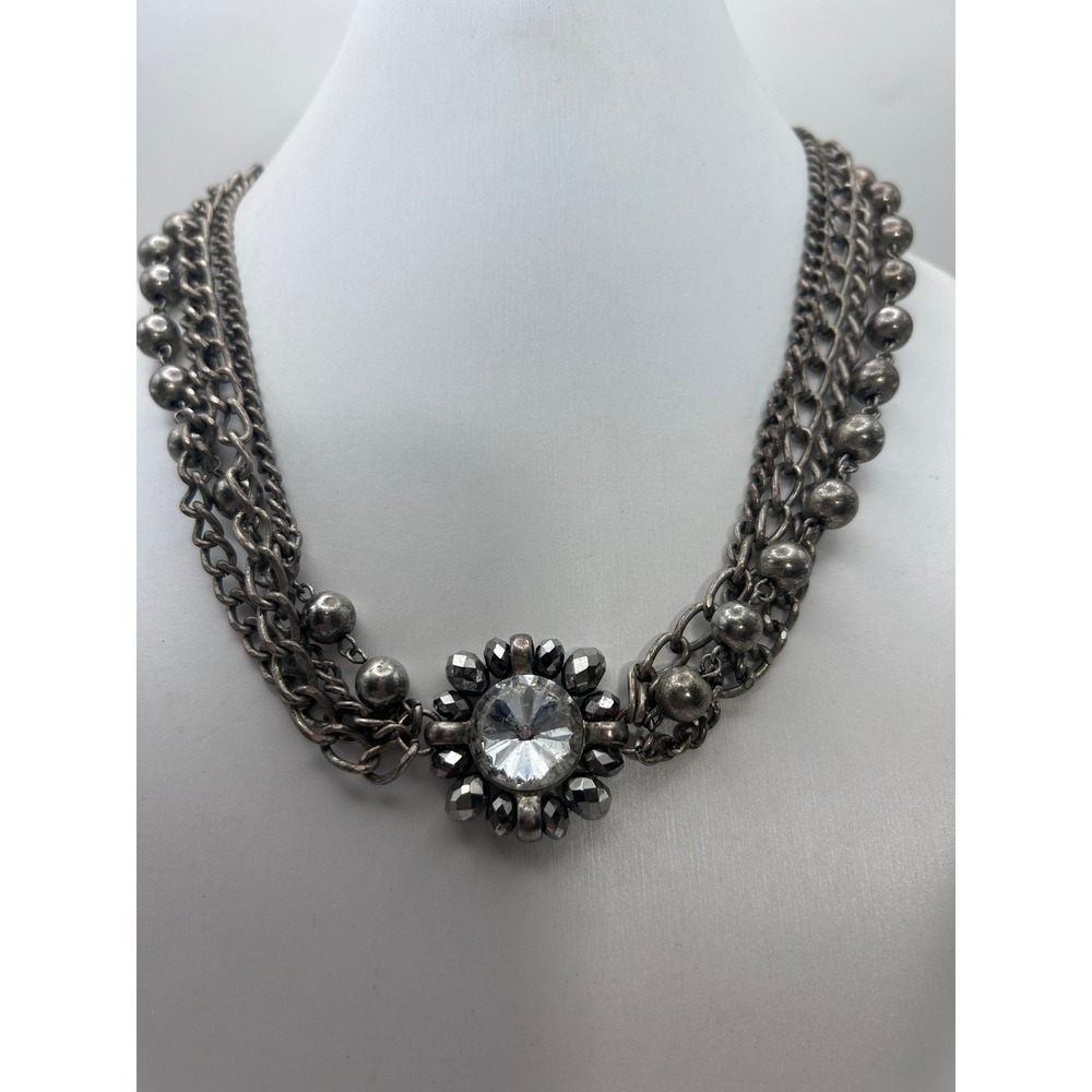 Vintage Silver Tone Multi Strand Statement Necklace Rhinestone Pendant 18"‎ Boho - Picture 2 of 8
